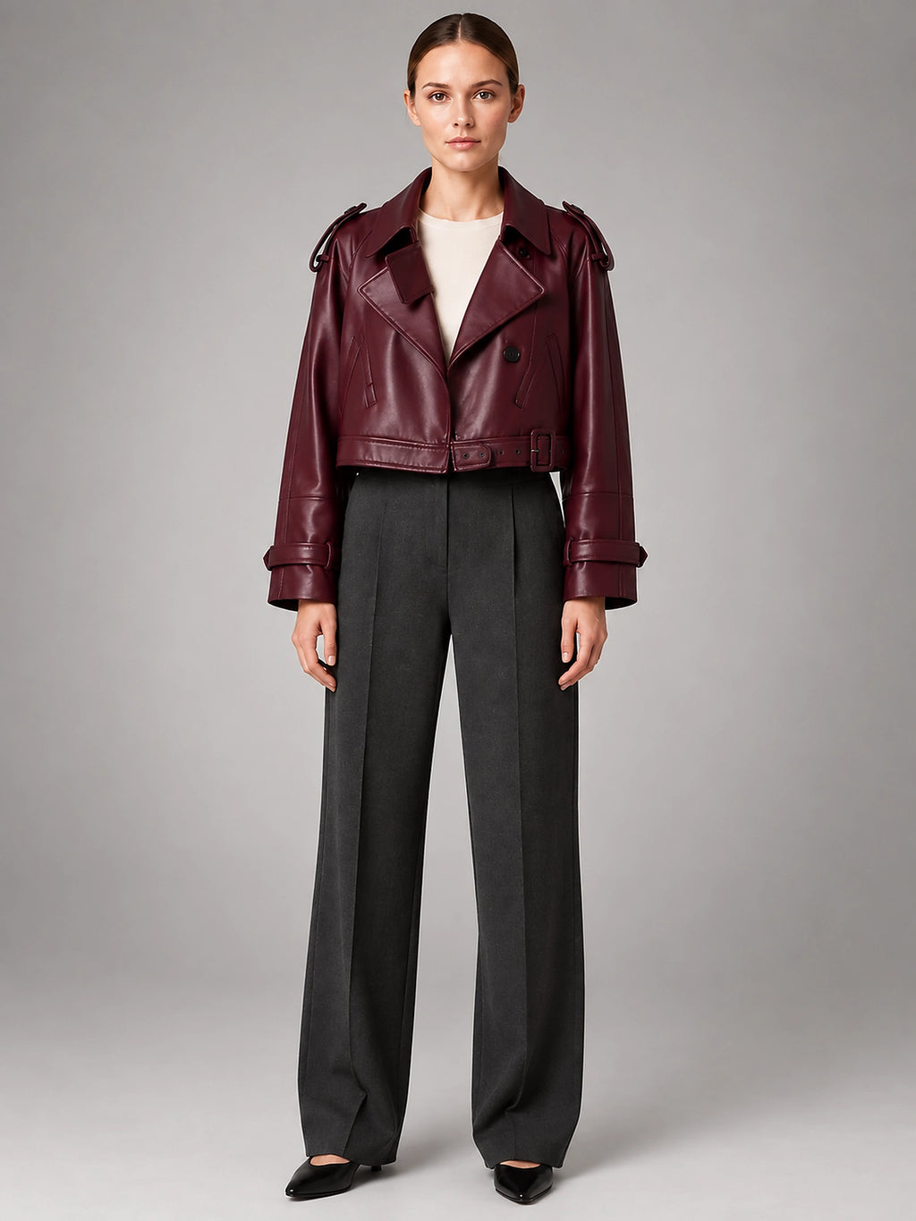 Women's Cropped Faux Leather Trench – Double Breasted - Burgundy
