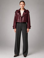 Women's Cropped Faux Leather Trench – Double Breasted - Burgundy