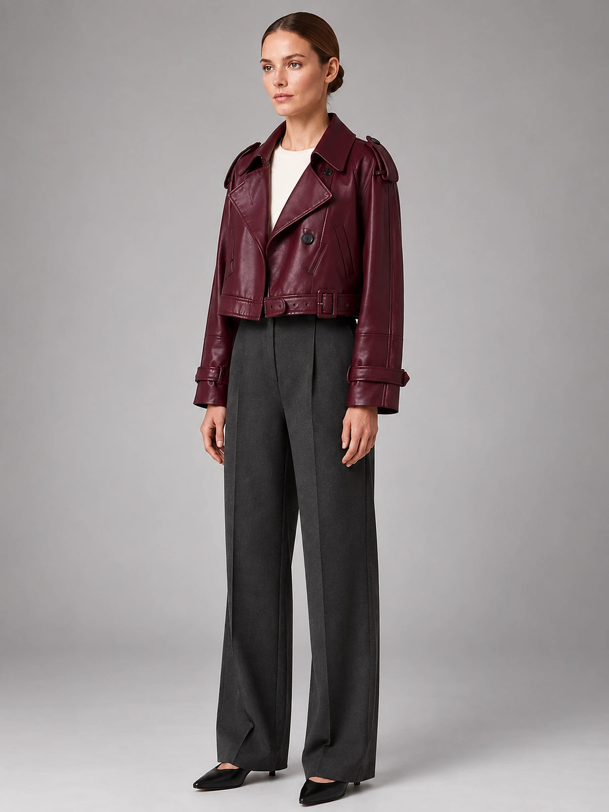 Women's Cropped Faux Leather Trench – Double Breasted - Burgundy