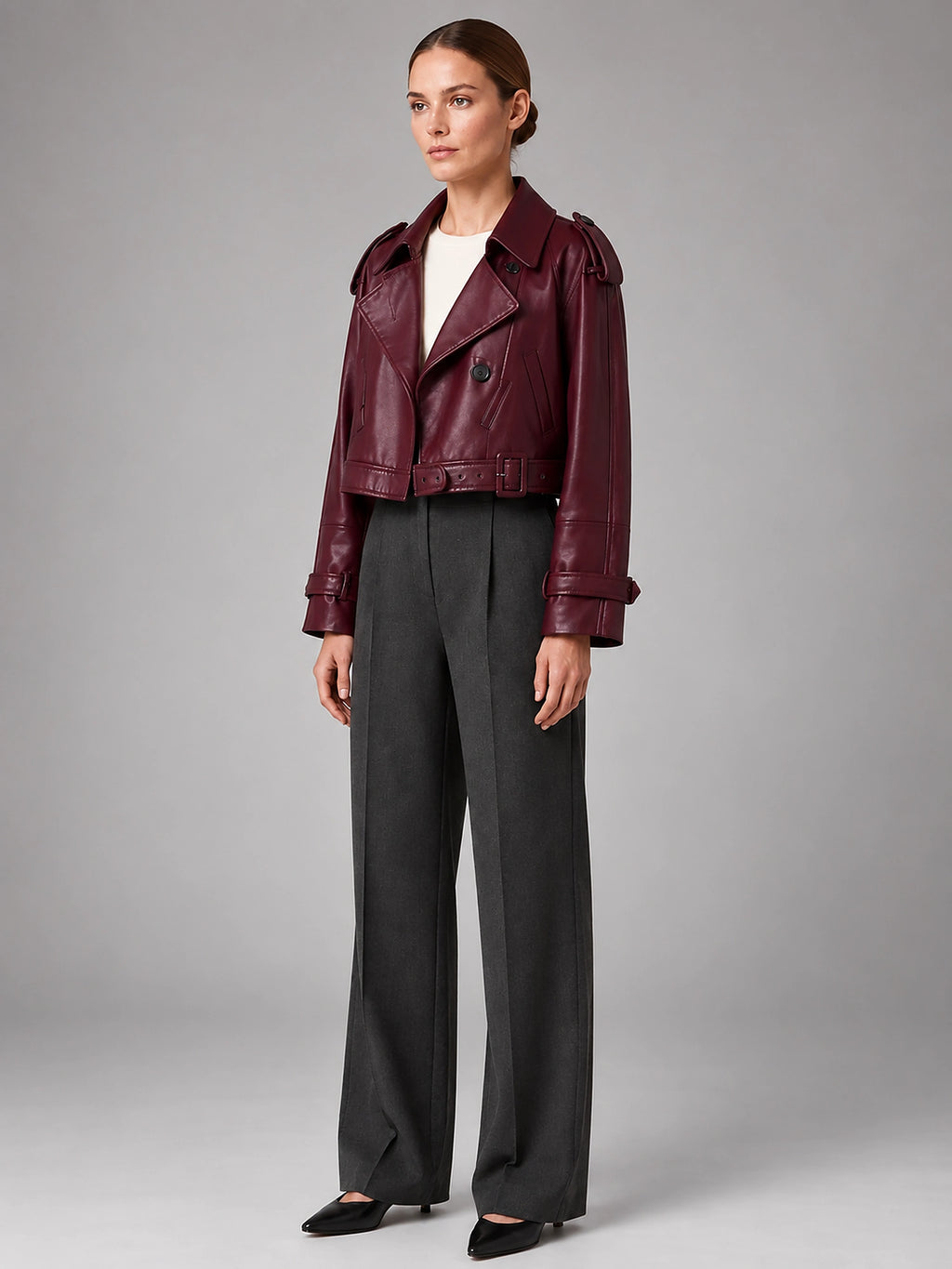 Women's Cropped Faux Leather Trench – Double Breasted - Burgundy