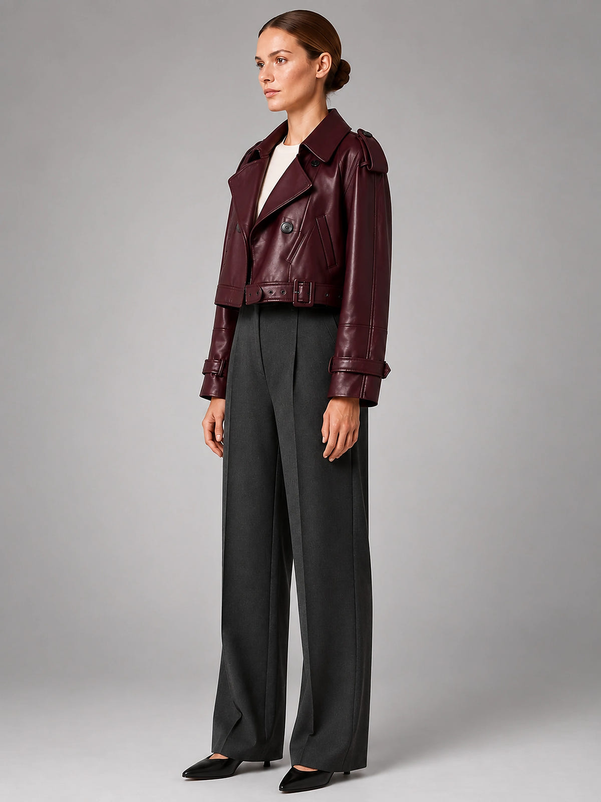Women's Cropped Faux Leather Trench – Double Breasted - Burgundy
