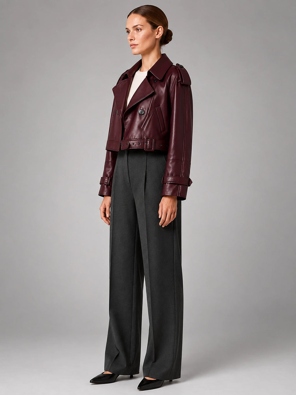 Women's Cropped Faux Leather Trench – Double Breasted - Burgundy