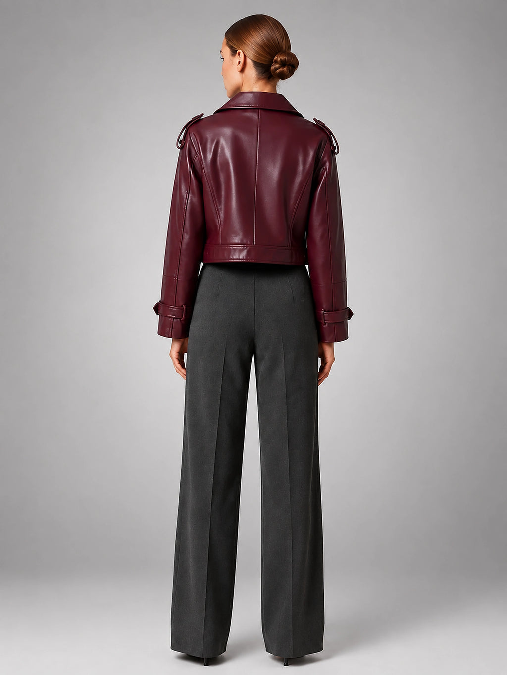 Women's Cropped Faux Leather Trench – Double Breasted - Burgundy