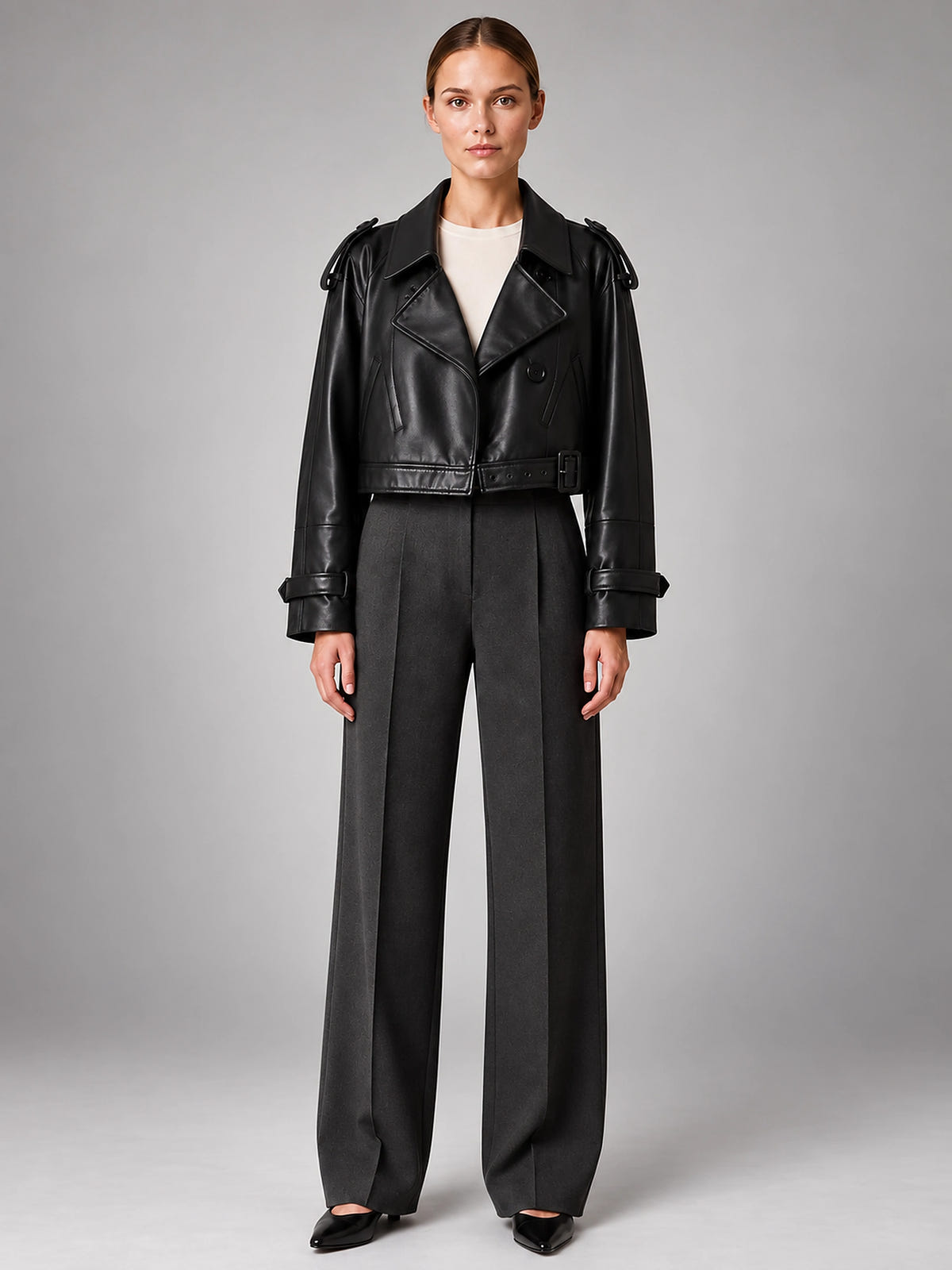 Women's Cropped Faux Leather Trench – Double Breasted - Black