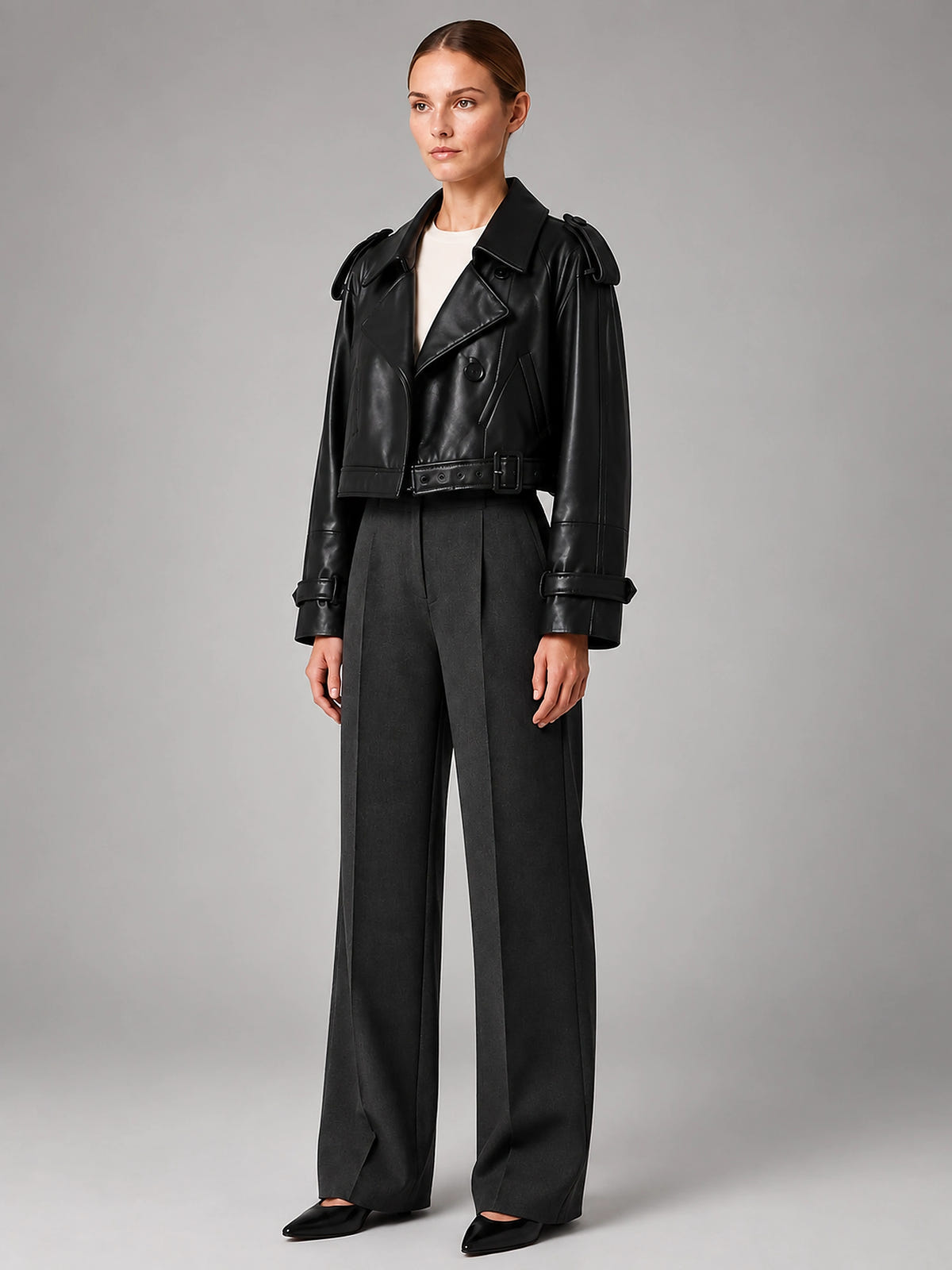 Women's Cropped Faux Leather Trench – Double Breasted - Black
