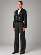 Women's Cropped Faux Leather Trench – Double Breasted - Black