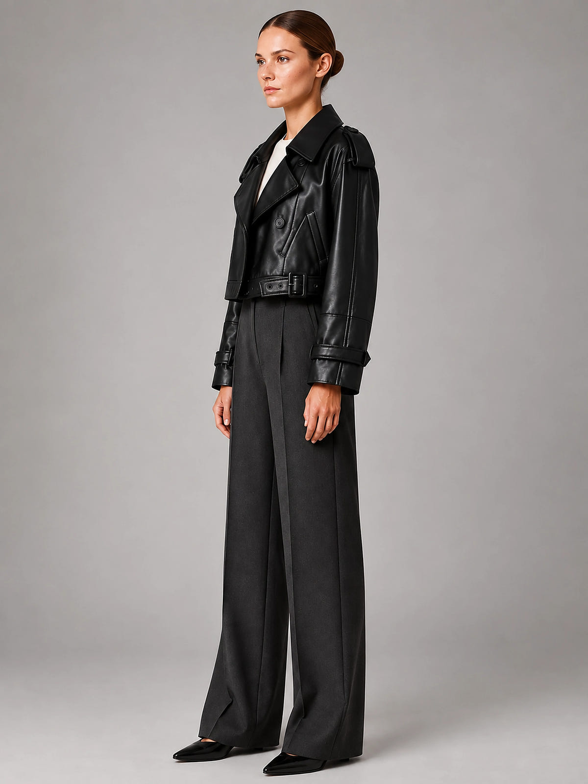 Women's Cropped Faux Leather Trench – Double Breasted - Black