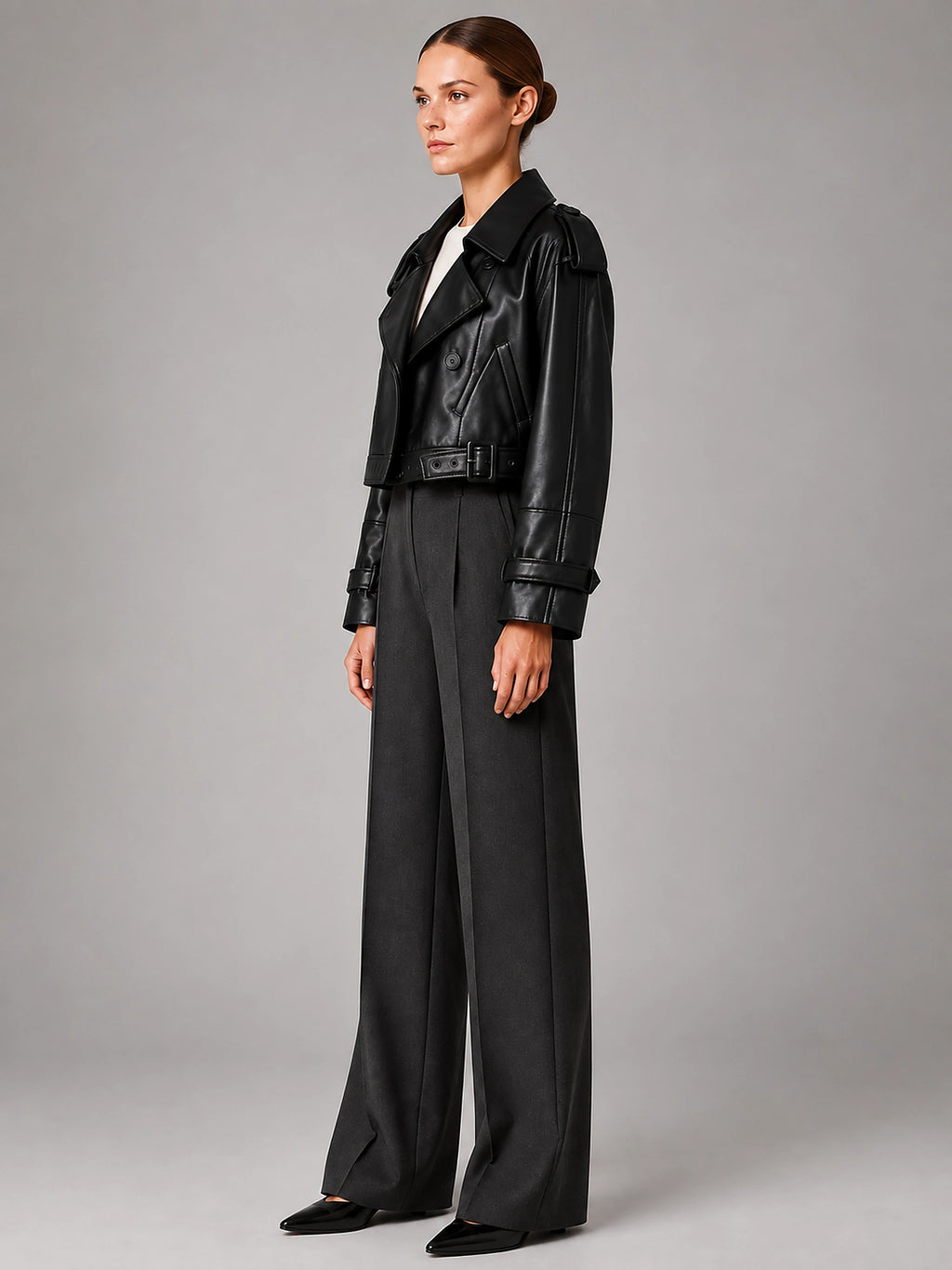 Women's Cropped Faux Leather Trench – Double Breasted - Black