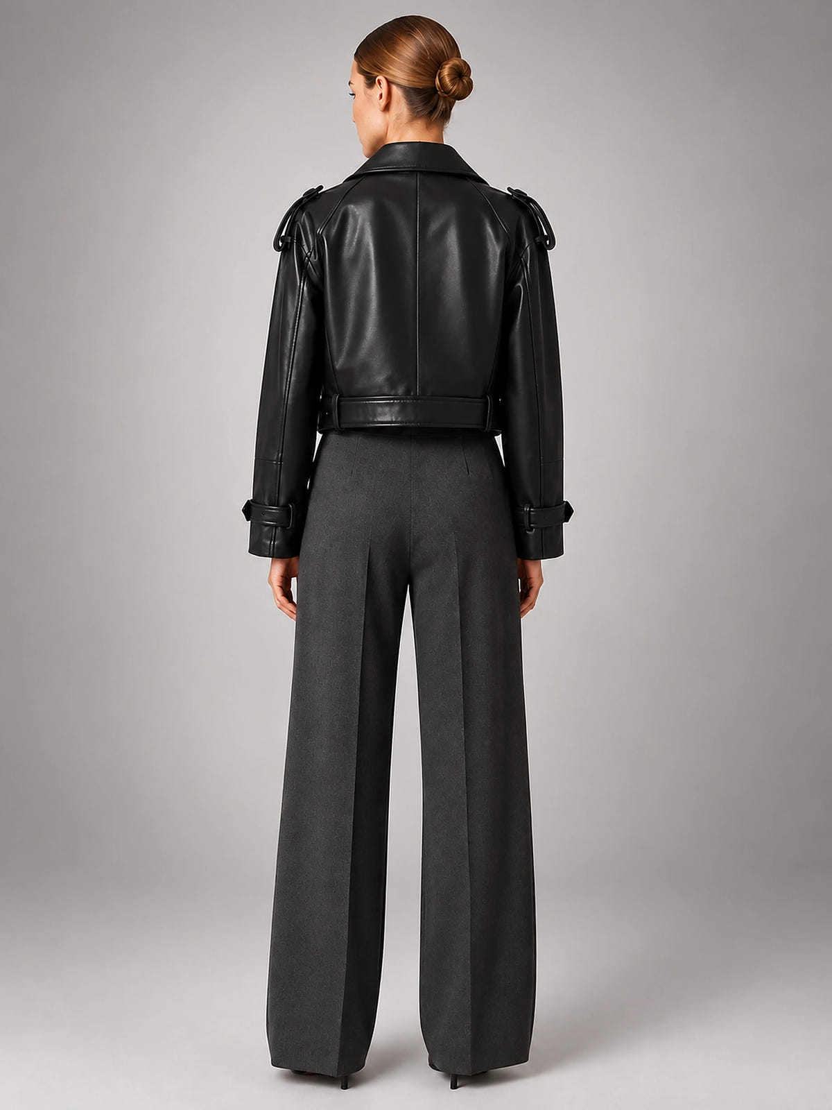 Women's Cropped Faux Leather Trench – Double Breasted - Black