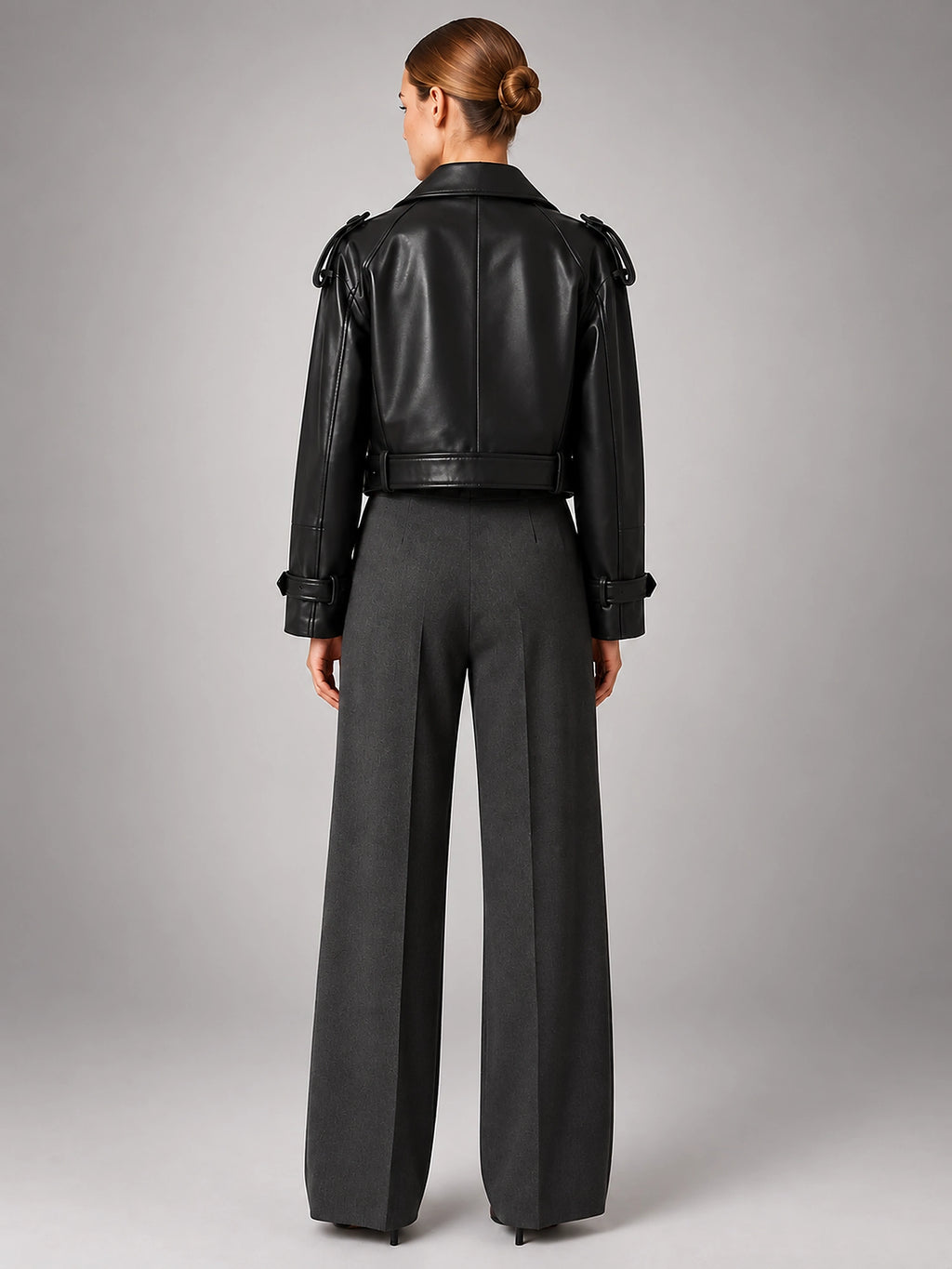Women's Cropped Faux Leather Trench – Double Breasted - Black