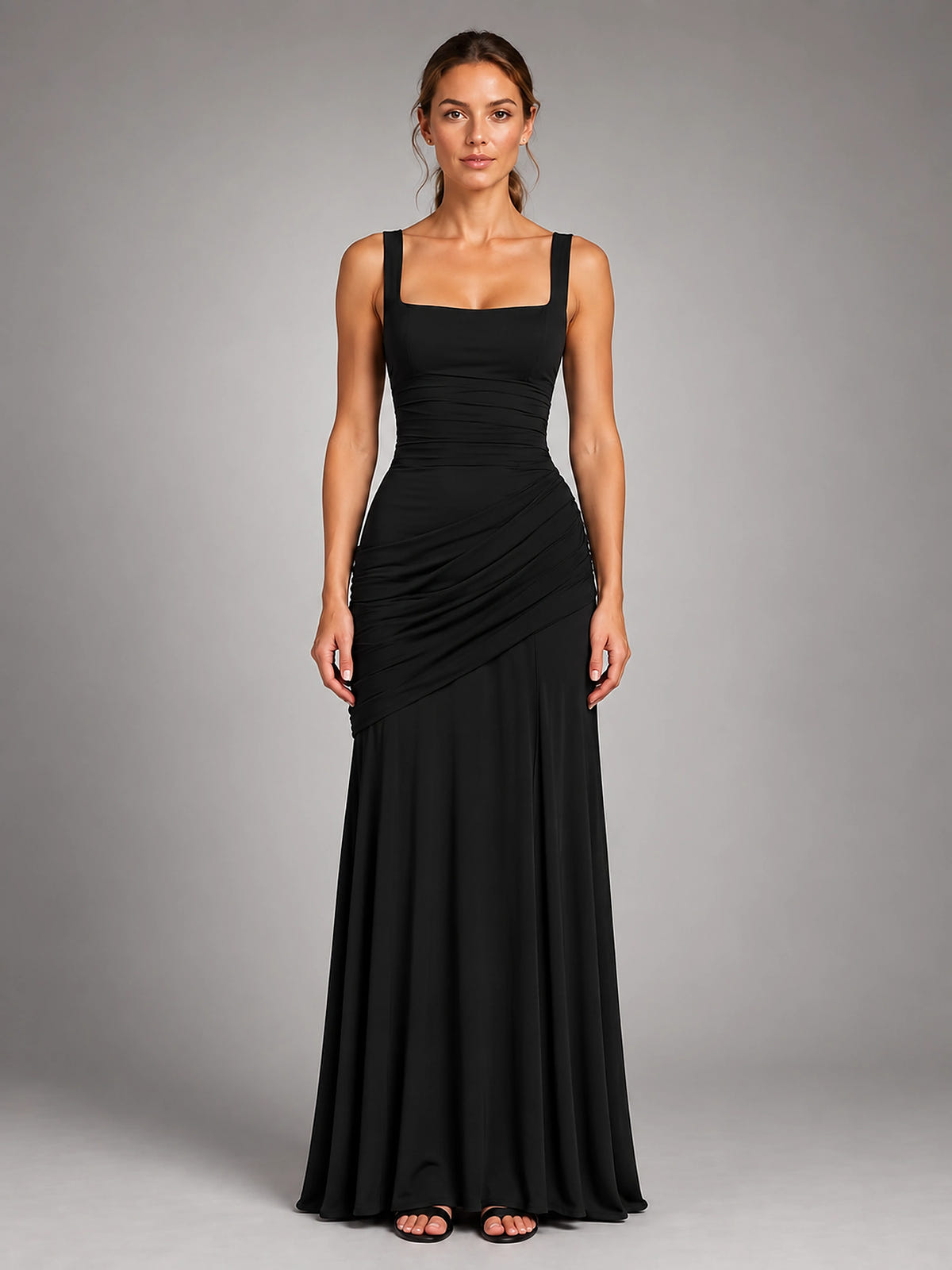 Women's Square Neck Maxi Dress – Ruched Occasion Dress - Black