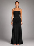 Women's Square Neck Maxi Dress – Ruched Occasion Dress - Black
