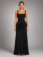 Women's Square Neck Maxi Dress – Ruched Occasion Dress - Black