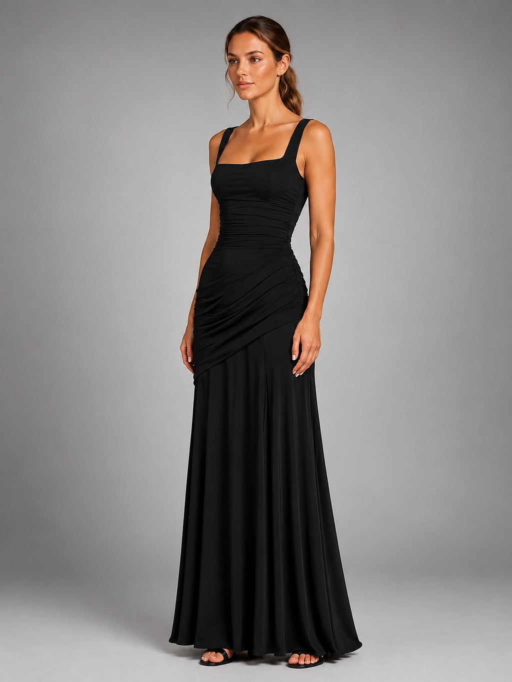 Women's Square Neck Maxi Dress – Ruched Occasion Dress - Black