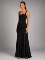Women's Square Neck Maxi Dress – Ruched Occasion Dress - Black