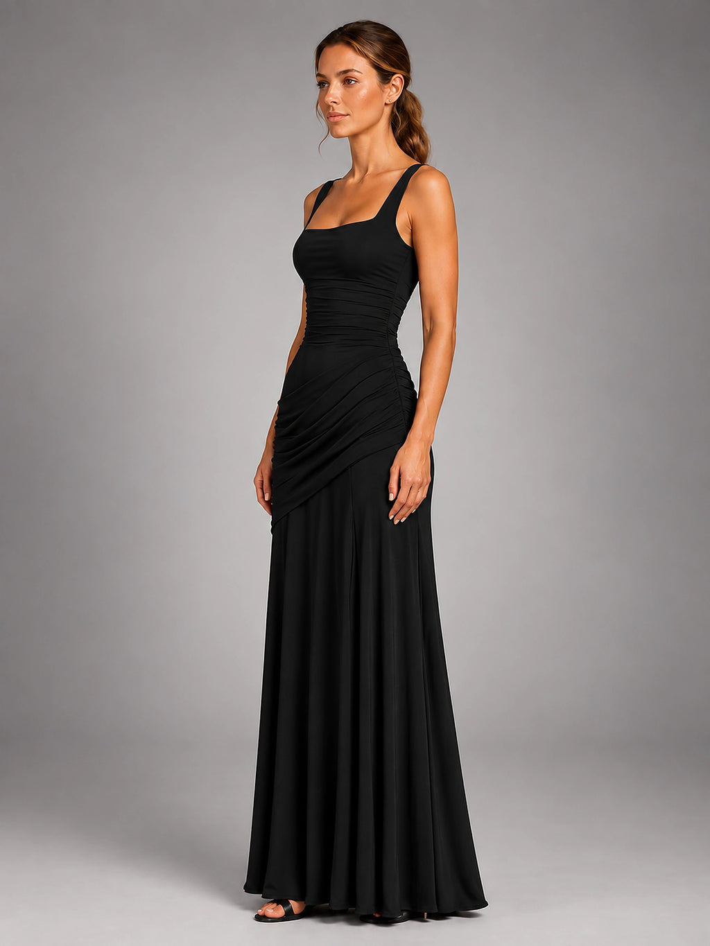 Women's Square Neck Maxi Dress – Ruched Occasion Dress - Black