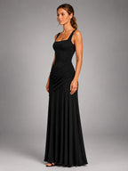Women's Square Neck Maxi Dress – Ruched Occasion Dress - Black