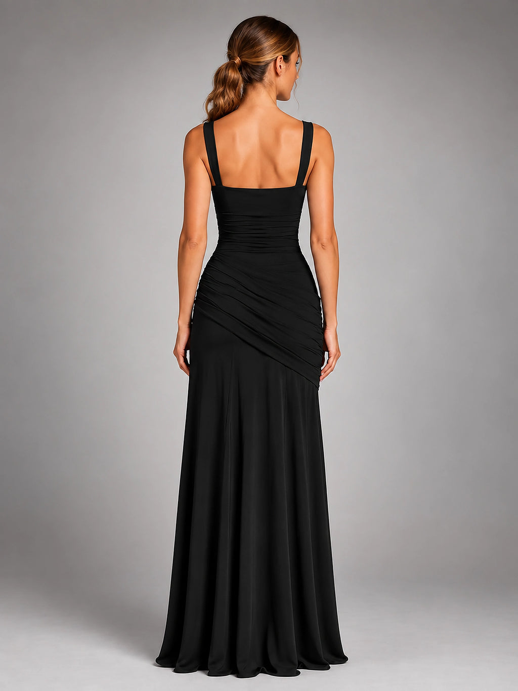 Women's Square Neck Maxi Dress – Ruched Occasion Dress - Black