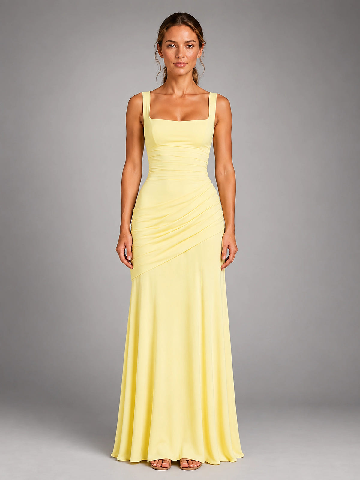 Women's Square Neck Maxi Dress – Ruched Occasion Dress - Yellow