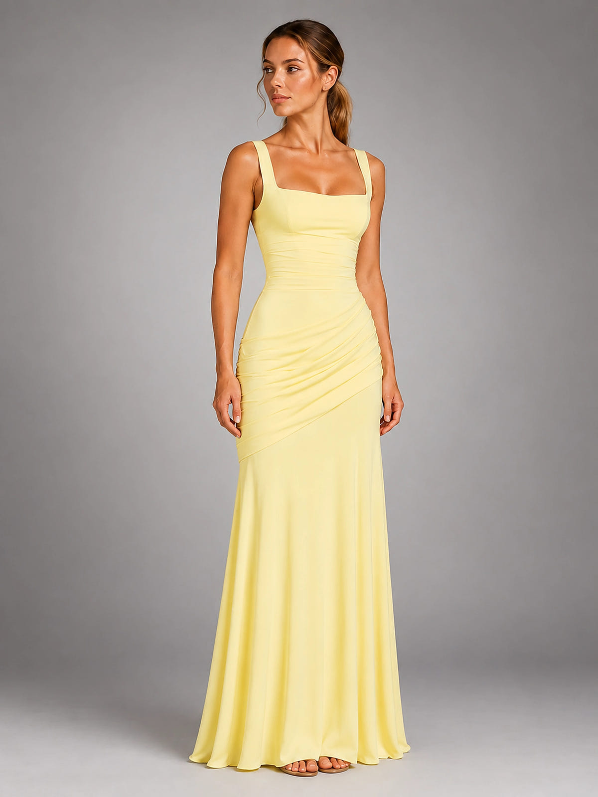 Women's Square Neck Maxi Dress – Ruched Occasion Dress - Yellow