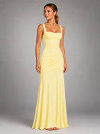 Women's Square Neck Maxi Dress – Ruched Occasion Dress - Yellow
