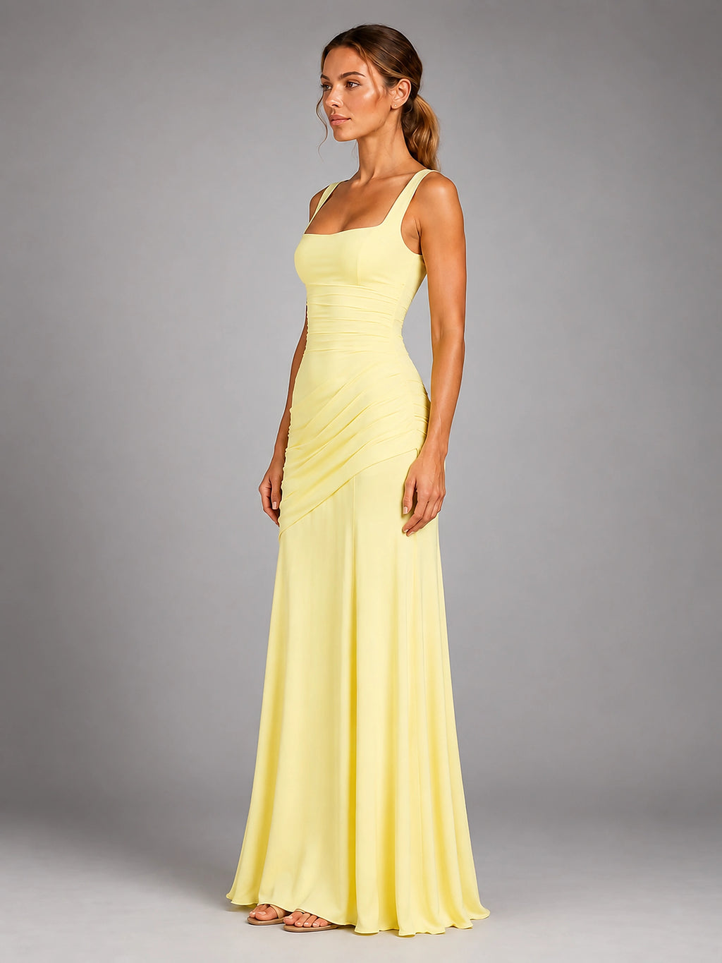 Women's Square Neck Maxi Dress – Ruched Occasion Dress - Yellow