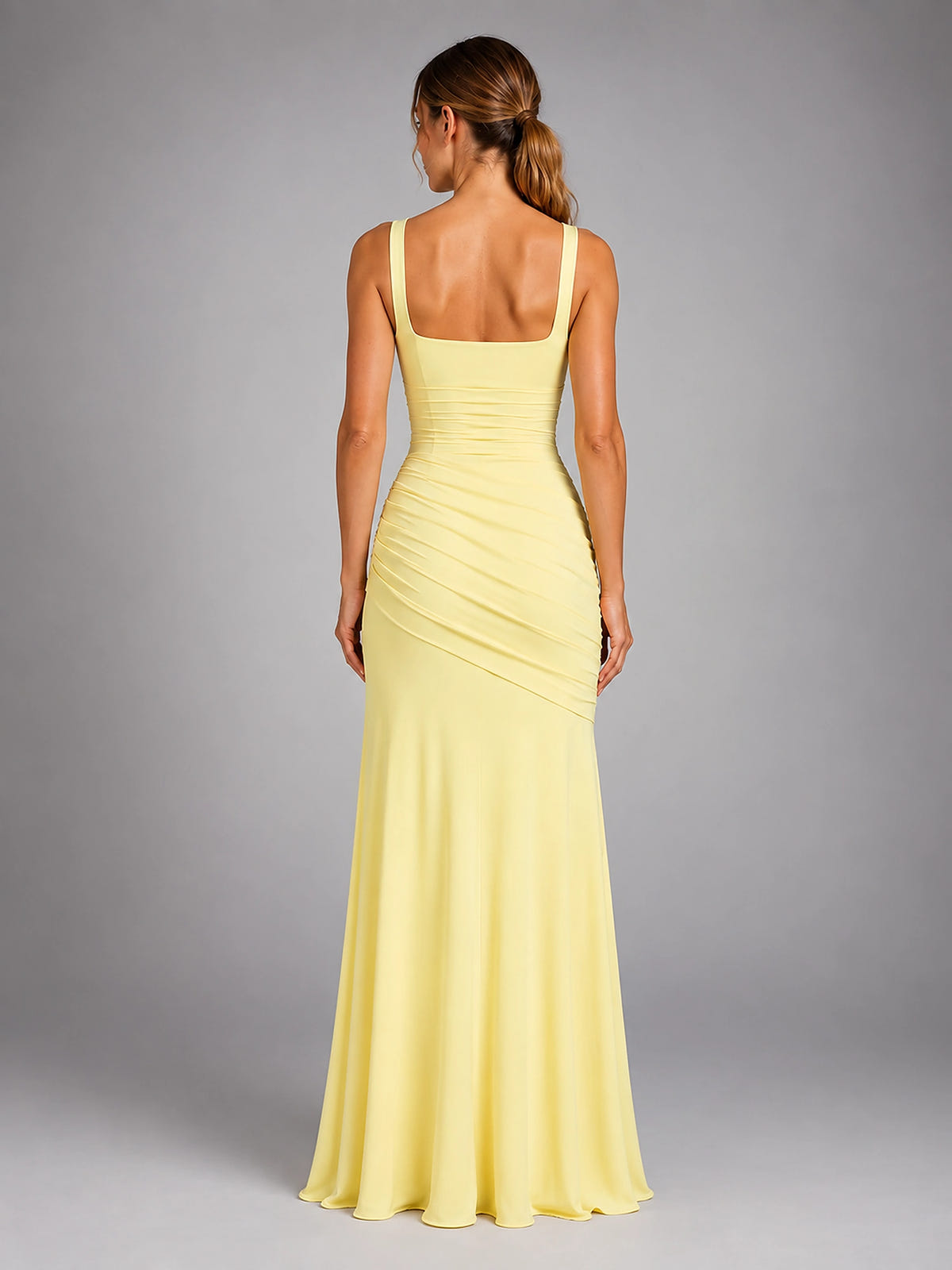 Women's Square Neck Maxi Dress – Ruched Occasion Dress - Yellow