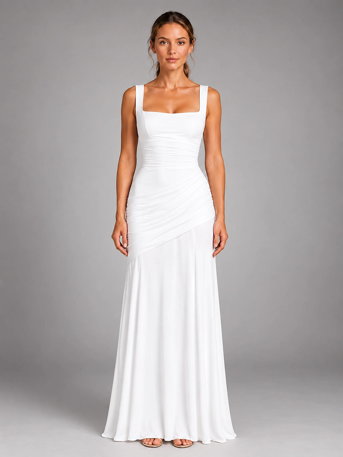 Women's Square Neck Maxi Dress – Ruched Occasion Dress - White