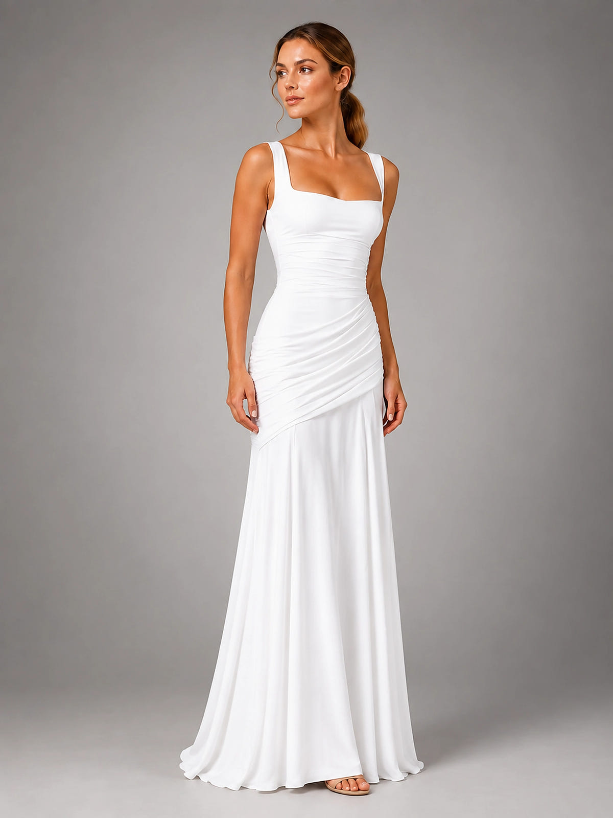 Women's Square Neck Maxi Dress – Ruched Occasion Dress - White