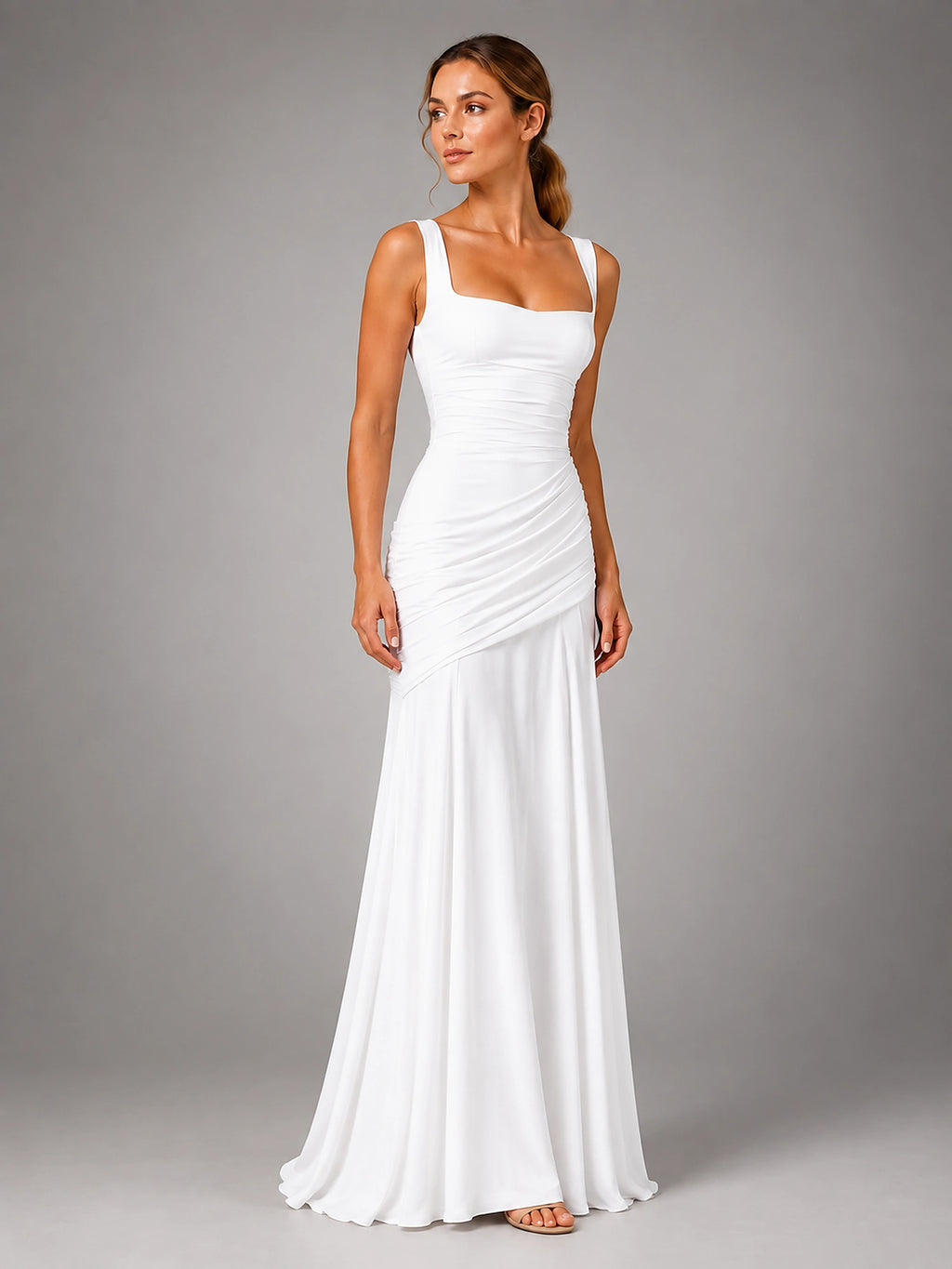 Women's Square Neck Maxi Dress – Ruched Occasion Dress - White