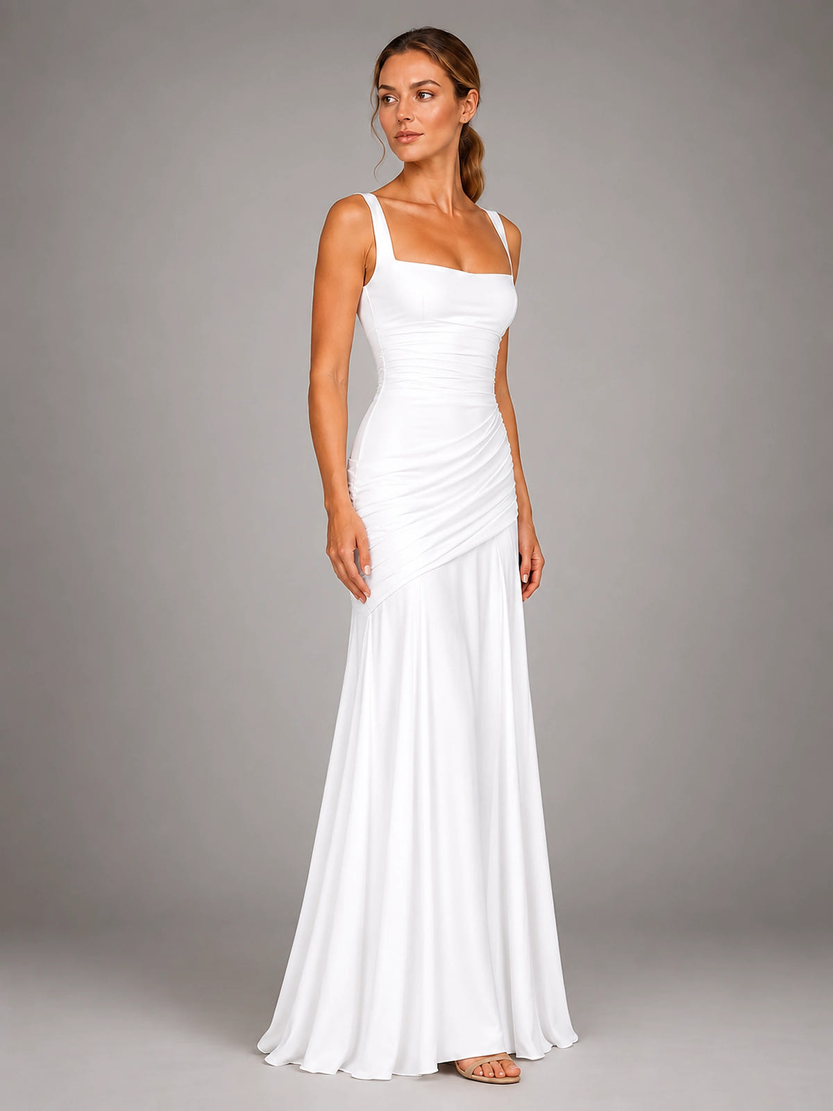 Women's Square Neck Maxi Dress – Ruched Occasion Dress - White
