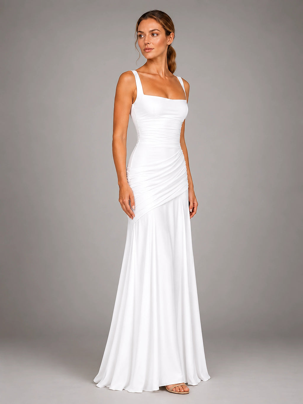 Women's Square Neck Maxi Dress – Ruched Occasion Dress - White