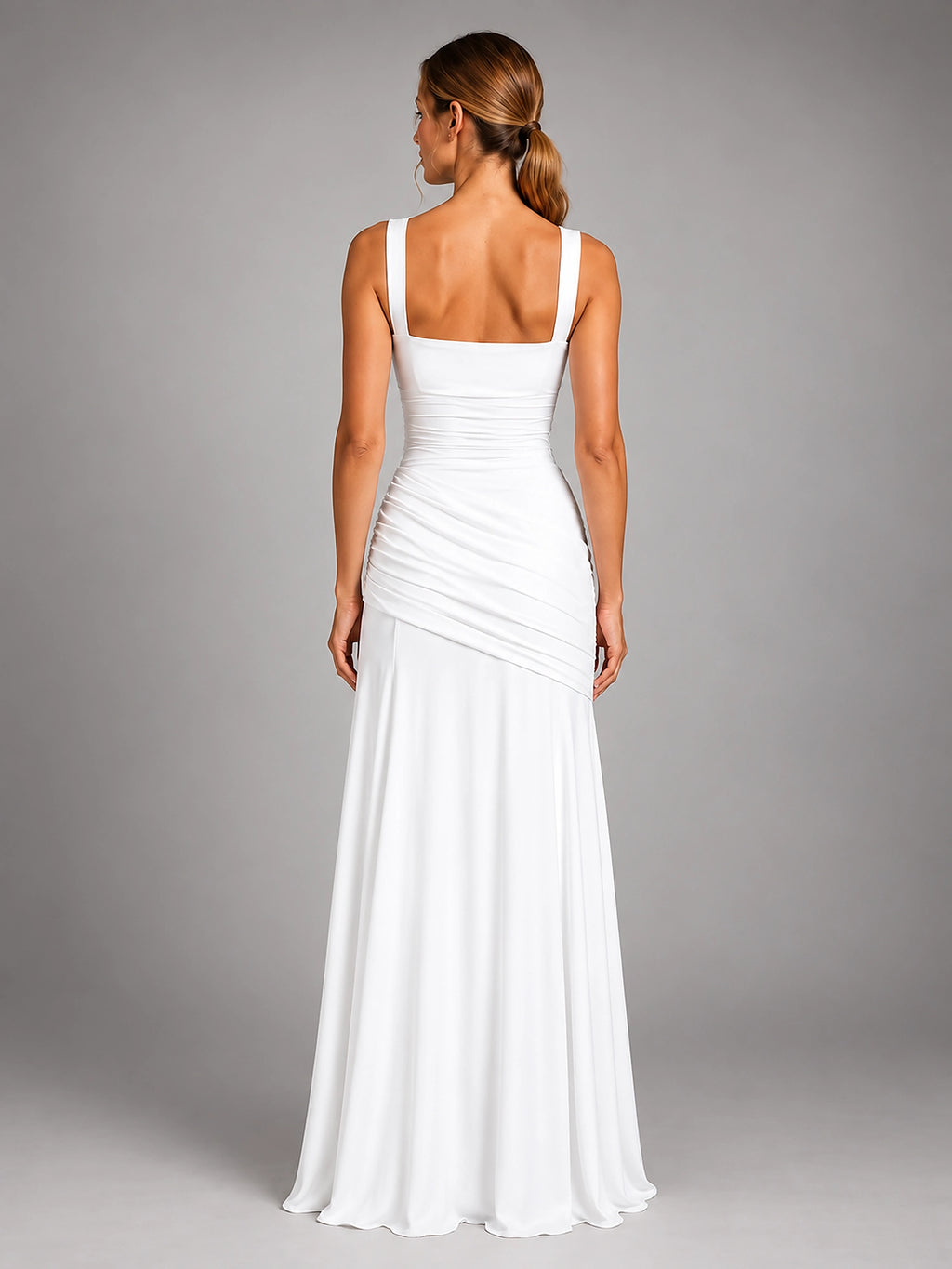 Women's Square Neck Maxi Dress – Ruched Occasion Dress - White