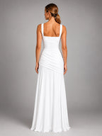 Women's Square Neck Maxi Dress – Ruched Occasion Dress - White