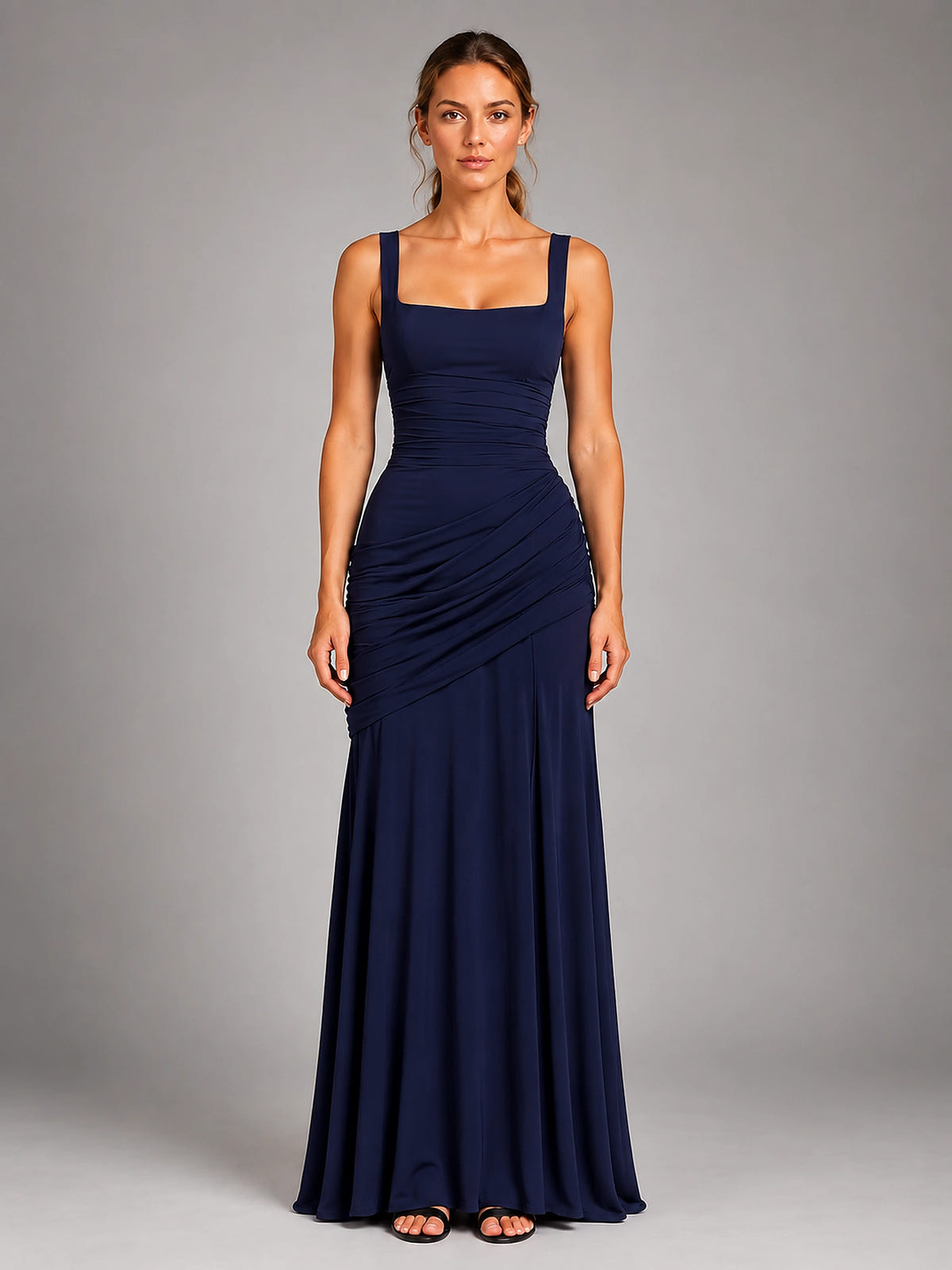 Women's Square Neck Maxi Dress – Ruched Occasion Dress - Navy