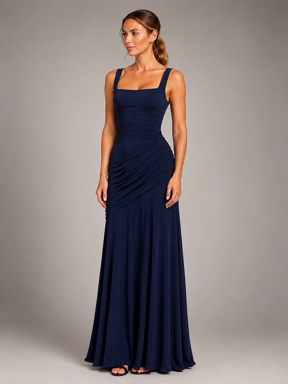 Women's Square Neck Maxi Dress – Ruched Occasion Dress - Navy