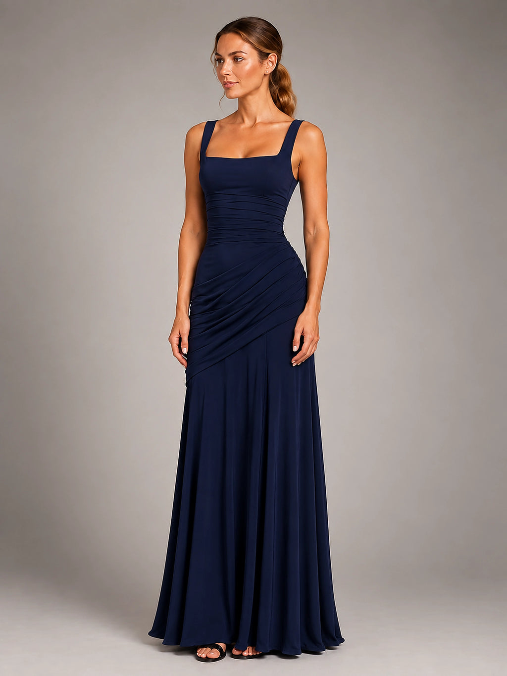 Women's Square Neck Maxi Dress – Ruched Occasion Dress - Navy