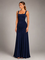 Women's Square Neck Maxi Dress – Ruched Occasion Dress - Navy