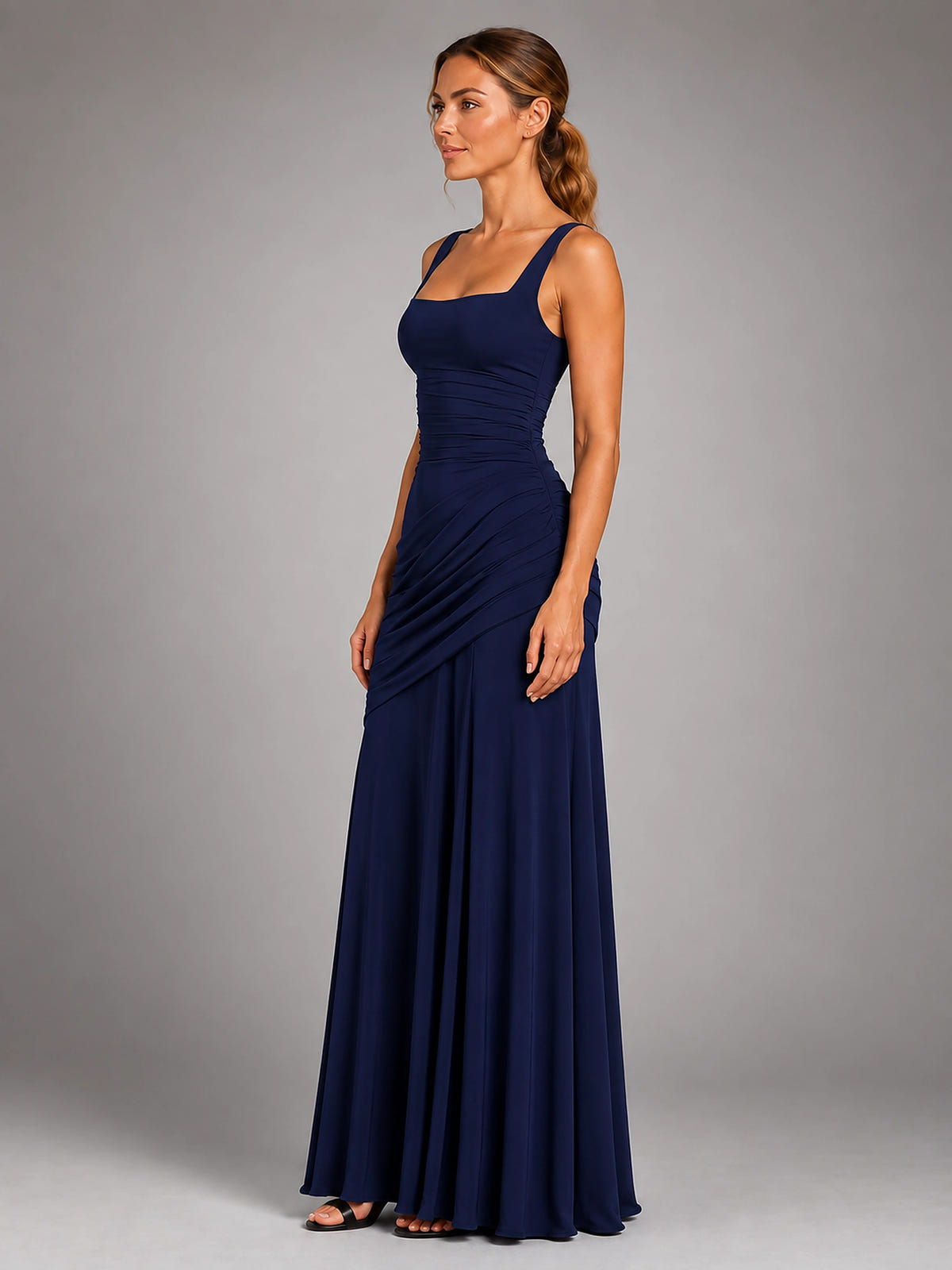 Women's Square Neck Maxi Dress – Ruched Occasion Dress - Navy