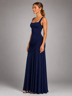 Women's Square Neck Maxi Dress – Ruched Occasion Dress - Navy