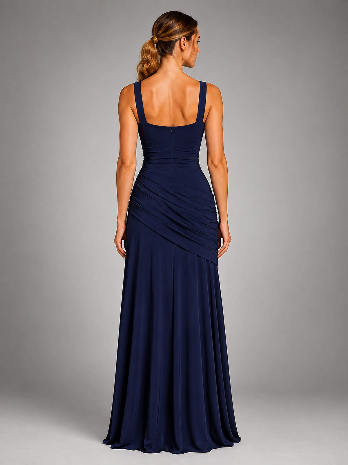 Women's Square Neck Maxi Dress – Ruched Occasion Dress - Navy