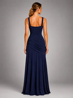 Women's Square Neck Maxi Dress – Ruched Occasion Dress - Navy