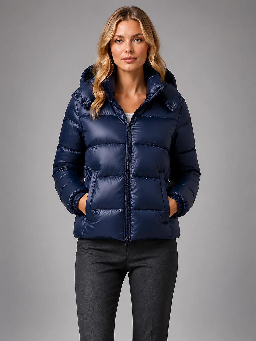 Women's Hooded Puffer Jacket – Quilted Winter Jacket - Navy