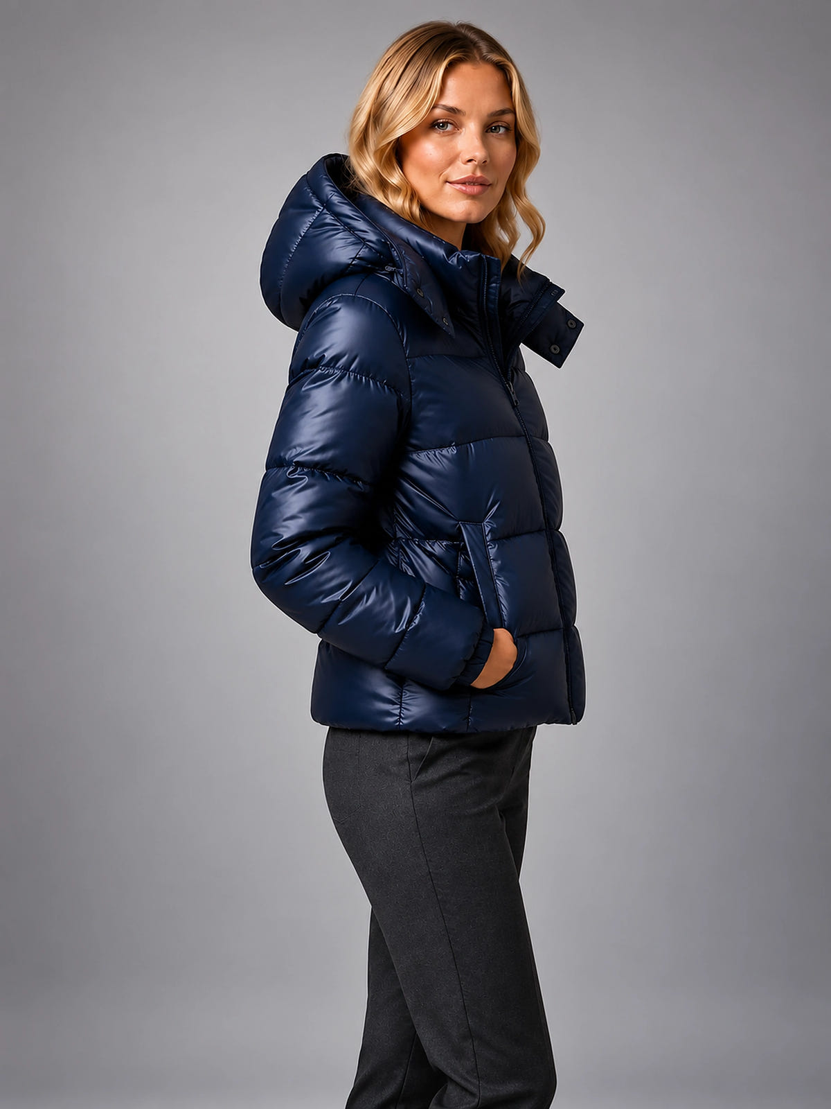 Women's Hooded Puffer Jacket – Quilted Winter Jacket - Navy