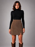 Women's Corduroy Mini Skirt – Wide Wale High Rise Front Slit - Brown