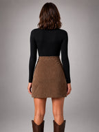 Women's Corduroy Mini Skirt – Wide Wale High Rise Front Slit - Brown