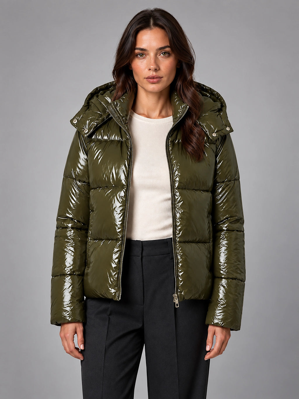 Women's Glossy Puffer Jacket – Cropped Hooded - Green