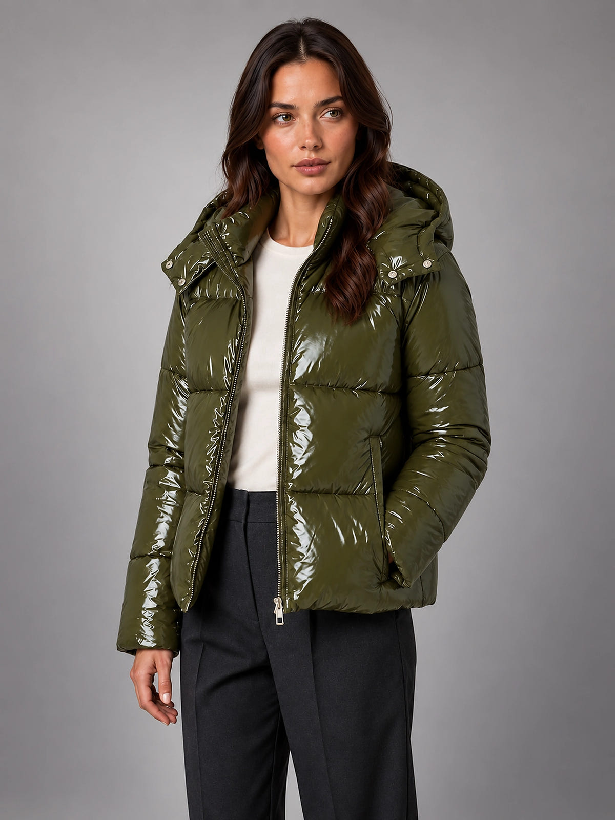 Women's Glossy Puffer Jacket – Cropped Hooded - Green