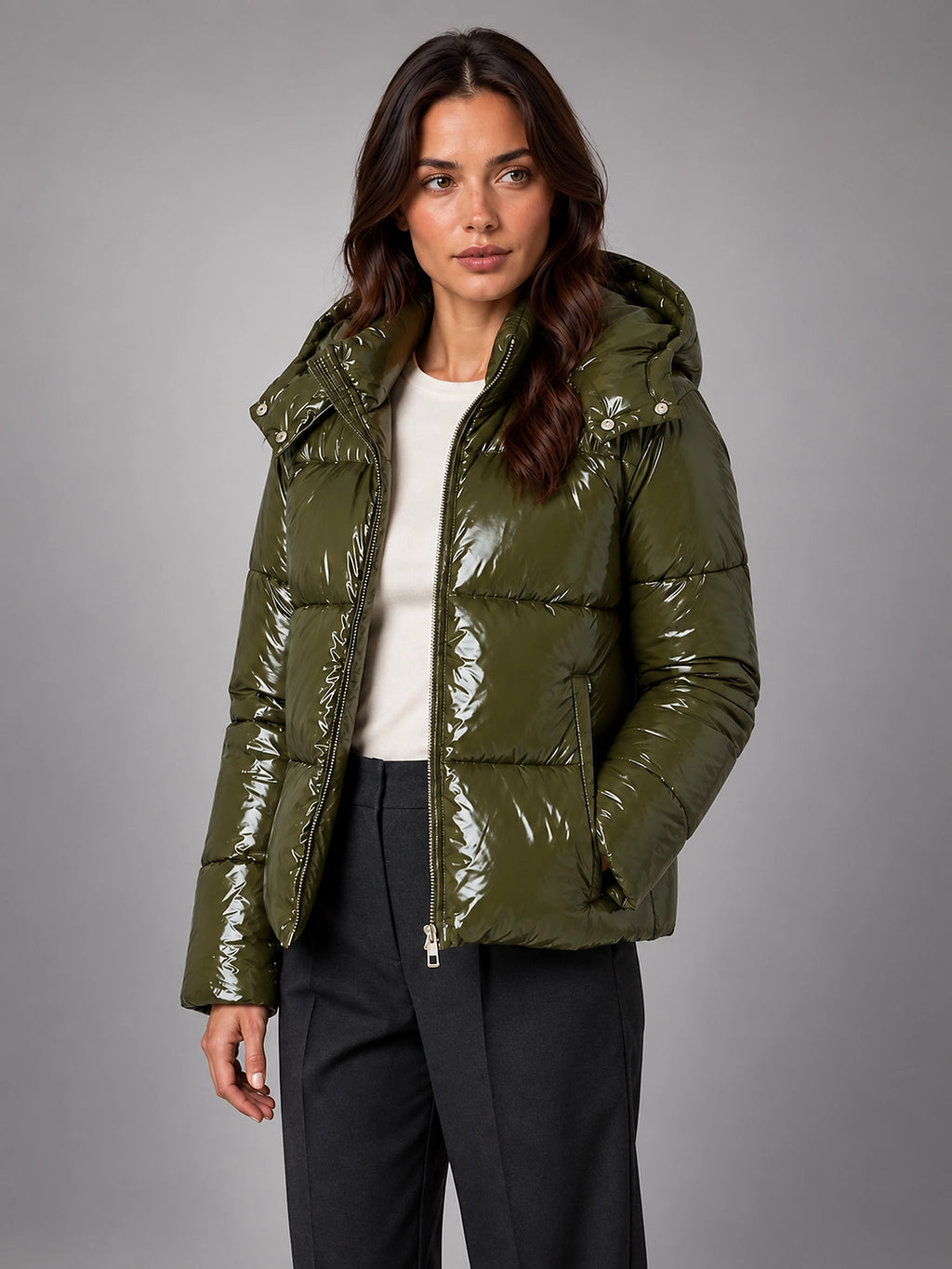 Women's Glossy Puffer Jacket – Cropped Hooded - Green