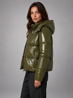 Women's Glossy Puffer Jacket – Cropped Hooded - Green